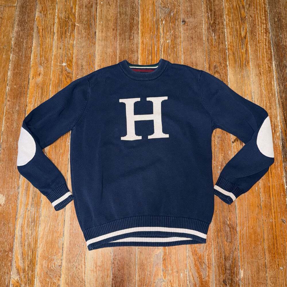 Tommy Hilfiger Men's Crewneck Sweater with Large 'H' Logo and Elbow Patches